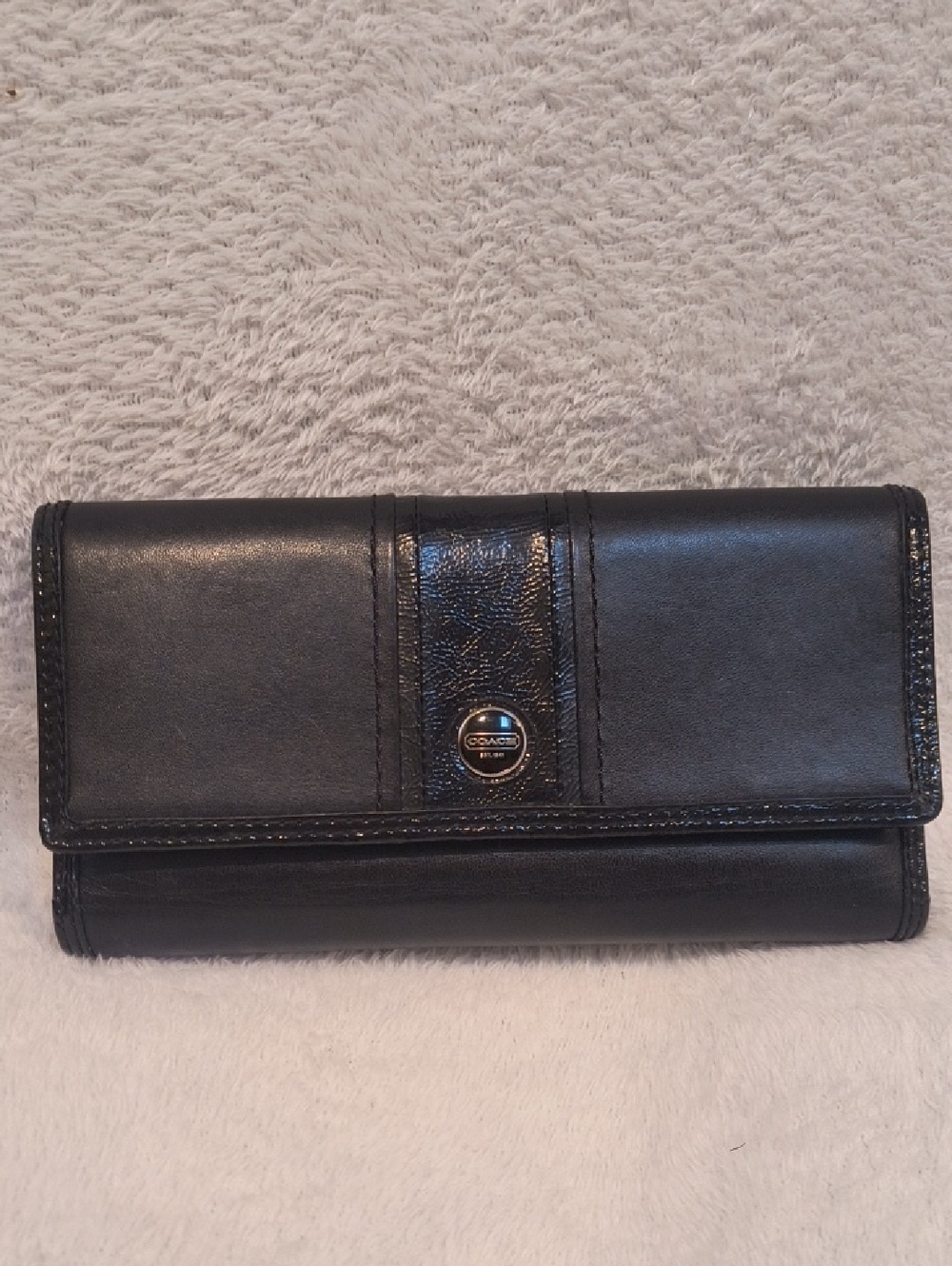 Coach Black Leather Patent Leather Trifold Checkbook Wallet